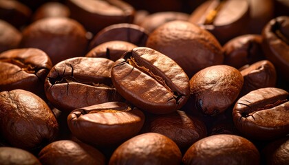 Obraz premium Roasted Coffee Beans Close-Up Macro Photography, Rich Brown Tones, Aromatic Coffee Concept, Coffee Beans, Macro Photography Coffee, Macro