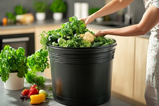 Woman throwing vegetable cuttings into a compost bucket in the kitchen, reflecting sustainable living and eco-friendly waste management practices at home, Generative AI
