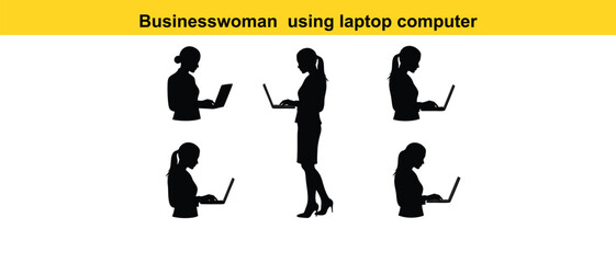Silhouette Businesswoman Working on Laptop Computer Collection of Corporate Professionals Performing Tasks Digitally