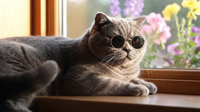 Cool gray cat with sunglasses relaxing by window, a whimsical moment of feline leisure perfect for pet lovers and lighthearted content creators