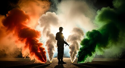 Obraz premium Striking soldier stands proud amidst vibrant smoke clouds representing national pride and strength