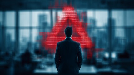 A businessman, dressed in a suit, stands in an office, contemplating digital security challenges depicted by a red alert symbol.
