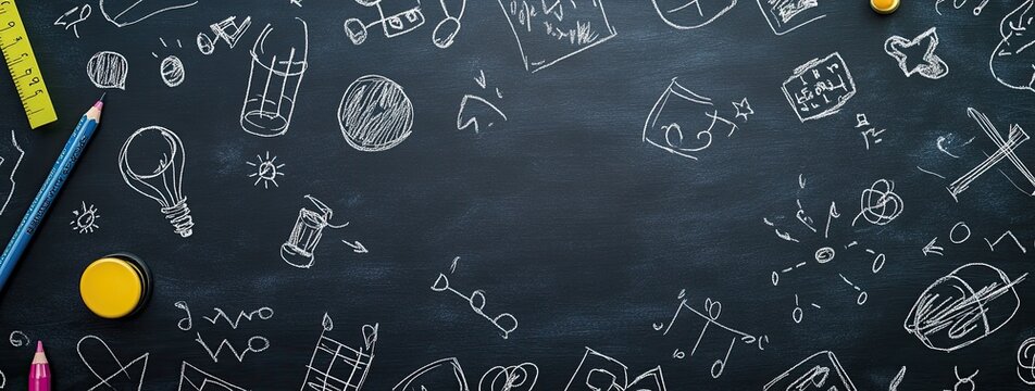 A chalkboard background with school icons and drawings, a paper clip on the left side of the frame. Copy space area for text