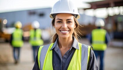 Smiling Female Construction Worker in Hard Hat and Safety Vest, Portrait Photography, Construction Site, Women in Construction, Engineering Construction, Women