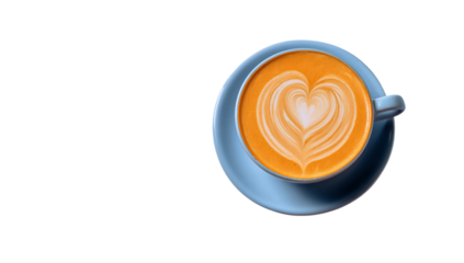 Top view of a cup of latte art with a heart design in a blue cup isolated on transparent background, perfect for a coffee shop menu