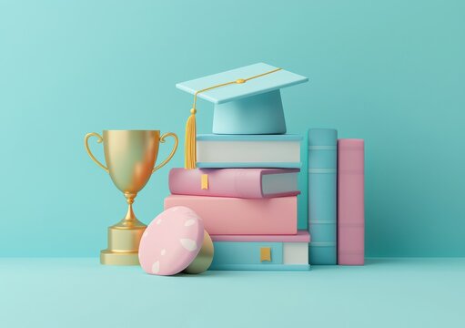 Stack of books with graduation cap and trophy on colored background