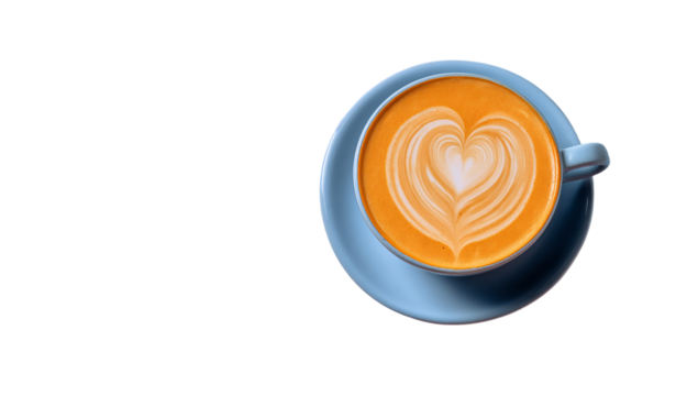 Top view of a cup of latte art with a heart design in a blue cup isolated on transparent background, perfect for a coffee shop menu