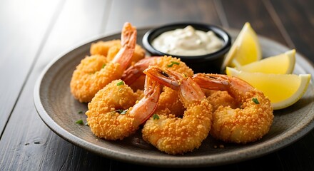 Crispy Fried Shrimp with Tartar Sauce and Lemon – Close-Up Shot