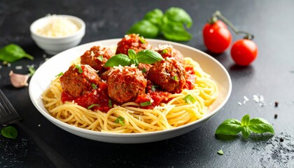 Spaghetti with Meatballs in Marinara Sauce A Close-Up Food Photography, Italian Cuisine, Food Styling Italian food, Meatball recipe