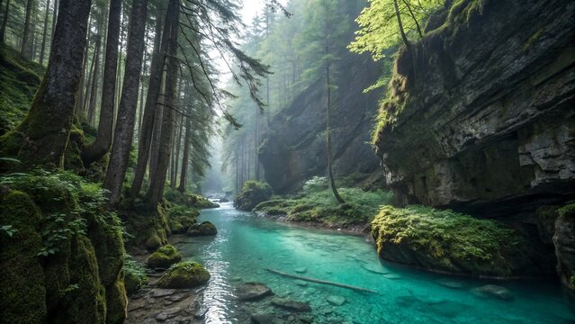 Photo of a serene turquoise river flows through a lush green forest canyon with sunlight filtering through the trees