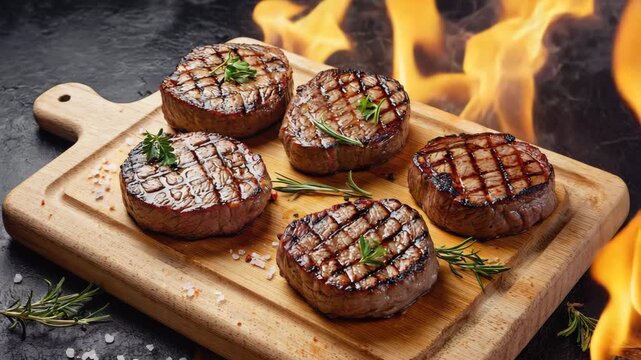 Sizzling grilled filet mignon steaks perfectly seared on a wooden board with rosemary and flames