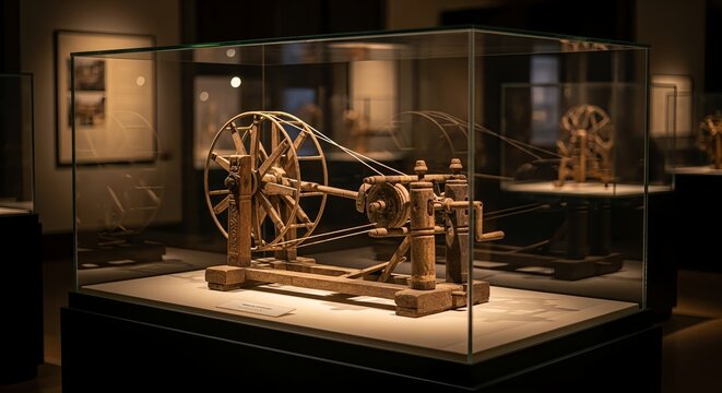 Antique spinning wheel displayed in museum case showcases intricate craftsmanship and historical textile production