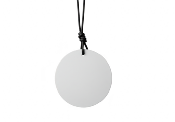 A plain white circular tag hangs from a black cord tied in a knot against a transparent background
