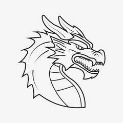 Black and white dragon head illustration in bold line art. Perfect for tattoo designs, logos, fantasy artwork, and coloring pages