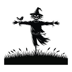 Fototapeta premium Spooky silhouette scarecrow with bird perched on arm in grassy field