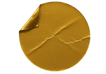 A round gold sticker with a peeling corner and visible creases is shown against a transparent background