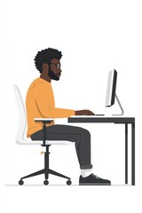 Young man working at a desk with a computer in modern office setting