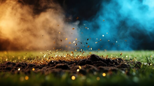Dramatic Scene of Golden Confetti Burst on Soccer Field in a Packed Stadium Filled with Excitement and Anticipation