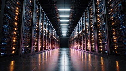 Data center server room aisle, glowing lights, technology infrastructure, night