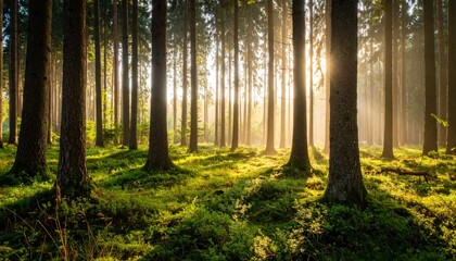 Obraz premium Sunlit Pine Forest Misty Dawn Landscape Photography, Composition, Nature, Scenery Forest Photography, Landscape Photography