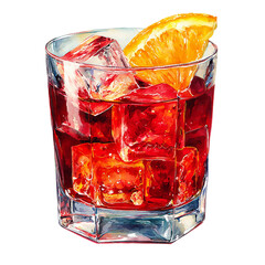 Watercolor illustration of a negroni cocktail with ice and orange slice, a classic alcoholic beverage, isolated on transparent background for bar and party
