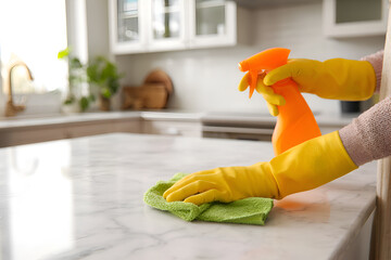 Hands in yellow gloves cleaning marble countertop with spray bottle