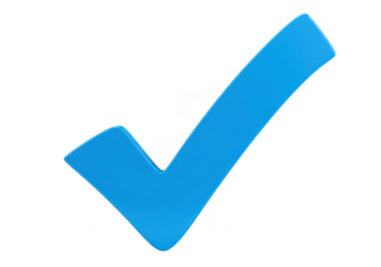 A shiny glossy blue checkmark symbol isolated on a clean transparent background representing success and confirmation