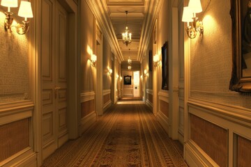 Elegant hallway with chandeliers and ornate decor in a luxurious hotel at night