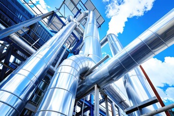 Naklejka premium Industrial piping system showcases modern engineering with clear blue sky in background at a manufacturing facility