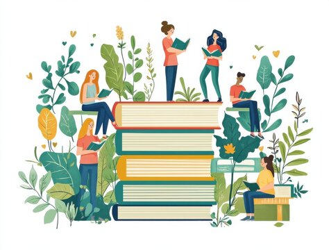 Illustration of individuals reading books surrounded by greenery and nature