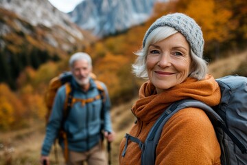 Portrait of an active senior couple hiking together in autumn mountains, exemplifying the benefits of physical activity and outdoor exploration in later years, Generative AI
