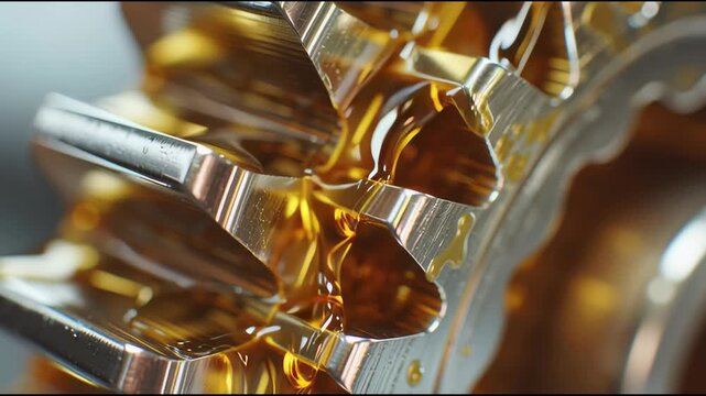 A close-up view of metallic gear teeth coated with golden lubricant oil, emphasizing precision engineering and smooth operation.