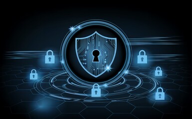 Obraz premium Futuristic digital shield icon representing cyber security, data protection, and secure network systems.