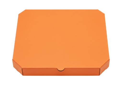 A bright orange square pizza box is shown closed from a topdown perspective isolated on a clean transparent background