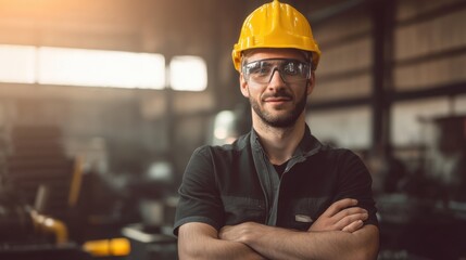 A confident man wearing a safety helmet and protective eyewear stands with arms crossed in front of industrial workplace