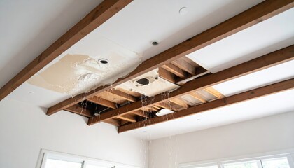 Fototapeta premium Water Damaged Ceiling with Exposed Wooden Beams, Repair, Home Improvement, Ceiling Collapse Water Damage, Ceiling Repair