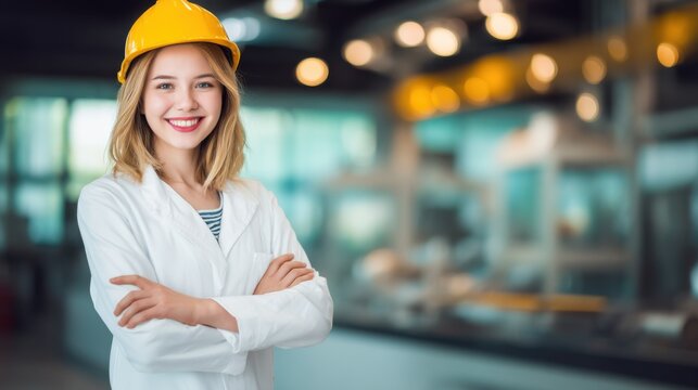 A confident woman in a bright yellow hard hat stands in an industrial lab or factory setting,