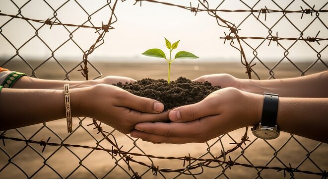 Hands holding plant seedling, hope for growth and new beginnings, overcoming obstacles and inspiring change