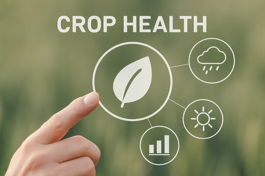 Smart farming crop health agricultural technology sustainable ai in agriculture concept showing hand pointing on digital interface with leaf icon and weather symbols