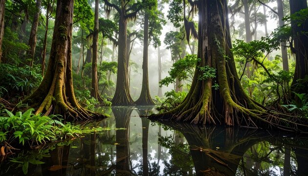Natural swamp forest with calm water reflecting off large trees