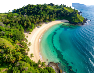 Aerial View of Serene Tropical Inlet with Curved Sandy Beach and Verdant Hills, Transparent Background.