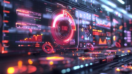 Close-up of a futuristic digital interface with glowing data displays.
