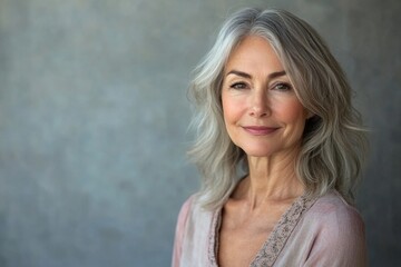 Naklejka premium Portrait of a senior woman in a studio, with a soft background, showcasing her confidence and elegance, Generative AI