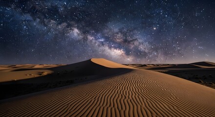 "Stunning Night Sky Filled with Stars Above Serene Desert Dunes, with the Milky Way Visible and Soft Moonlight Casting Shadows on the Rippling Sand in a Peaceful, Expansive Landscape"