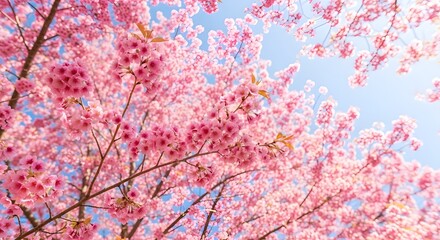 "Cherry Blossom Branch in Full Bloom Against a Clear Blue Sky, Delicate Pink Petals Illuminated by Soft Sunlight with Gentle Natural Detail"