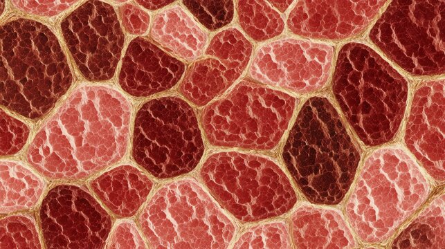 A fractal pattern of carcinogenic warning labels crafted from processed meat textures, forming an infinite loop.