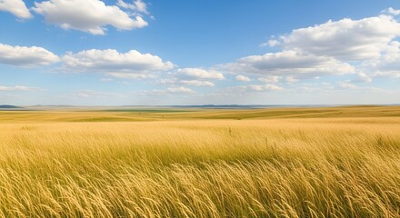 "Expansive Prairie Stretching to the Horizon Under a Bright Blue Sky, Covered in Golden Grasses and Bathed in Natural Sunlight, Evoking a Sense of Freedom and Tranquility"