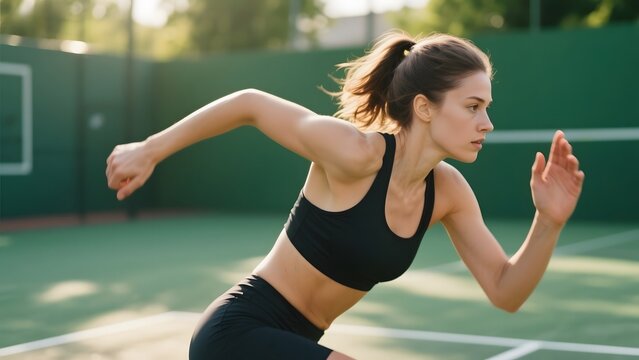 Athlete in motion on a tennis court, wearing black sports attire
