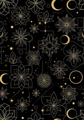 Elegant Golden Floral and Celestial Pattern on Black Background for Luxurious Designs