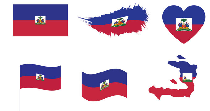 haiti flag set and map. haiti flag in official colors and proportions. independence day 1 january, map, rectangle ,heart and wavy shaped haiti